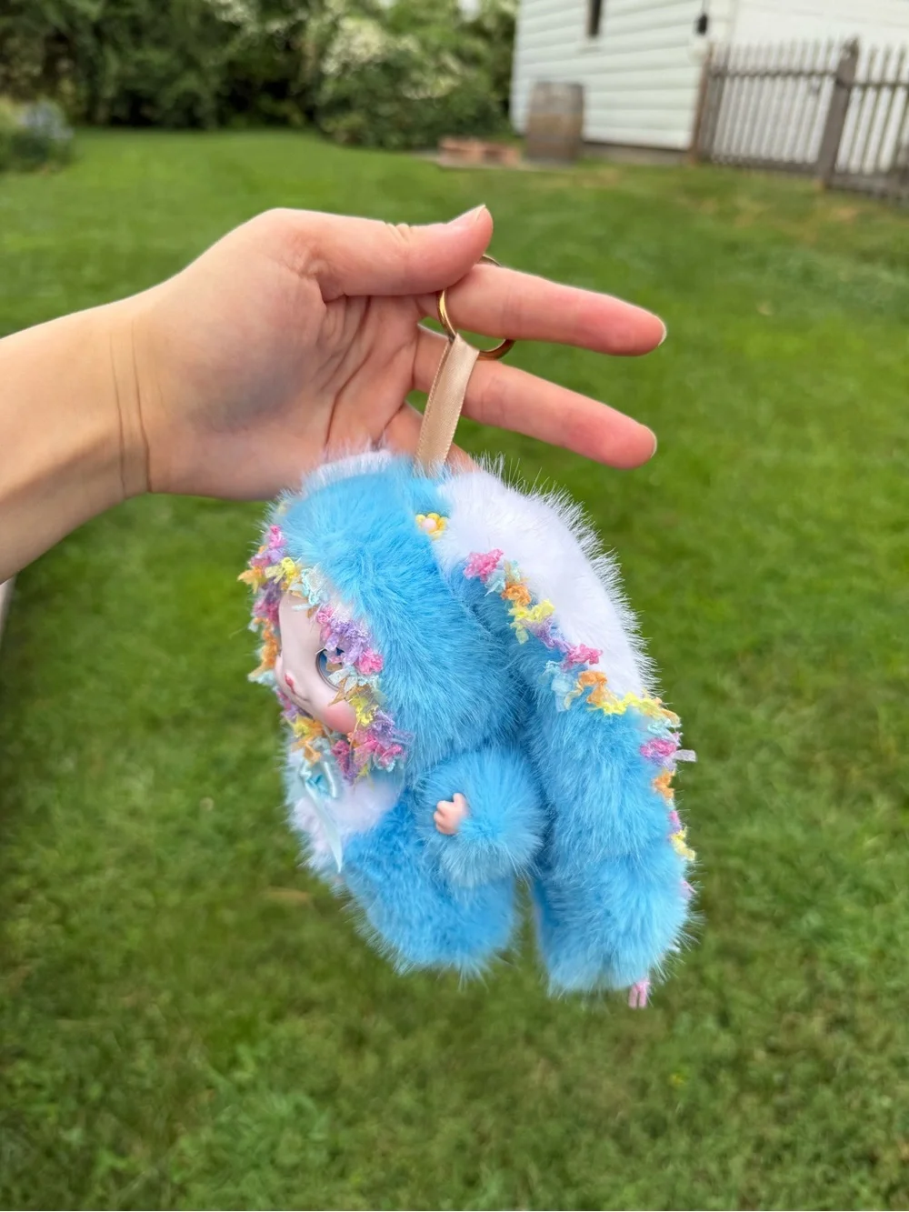 Adorable Blue Plush Bunny Keychain with Floral Trim backpack charm for birthday